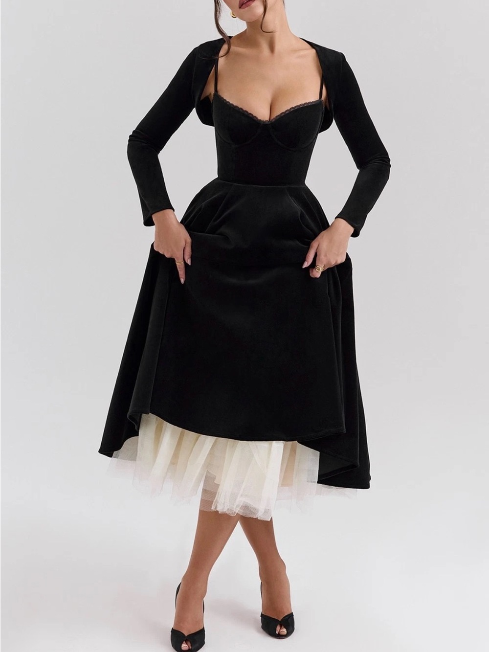 House of cb Mademoiselle black velvet tulle Midi Dress